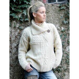 Carraigdonn Irish Merino Wool Cable Knit chunky Cardigan Sweater size XL Ivory